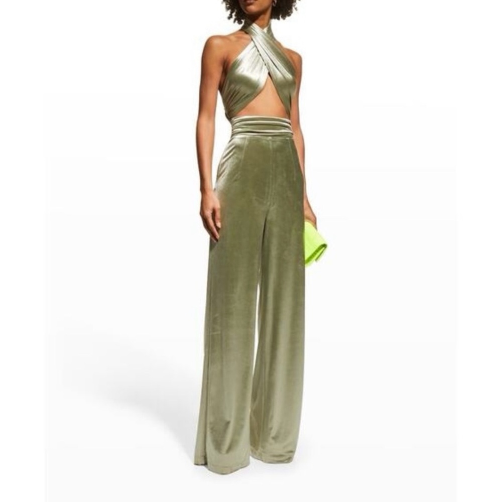 Bronx and Banco Olive Green Velvet Halter Jumpsuit